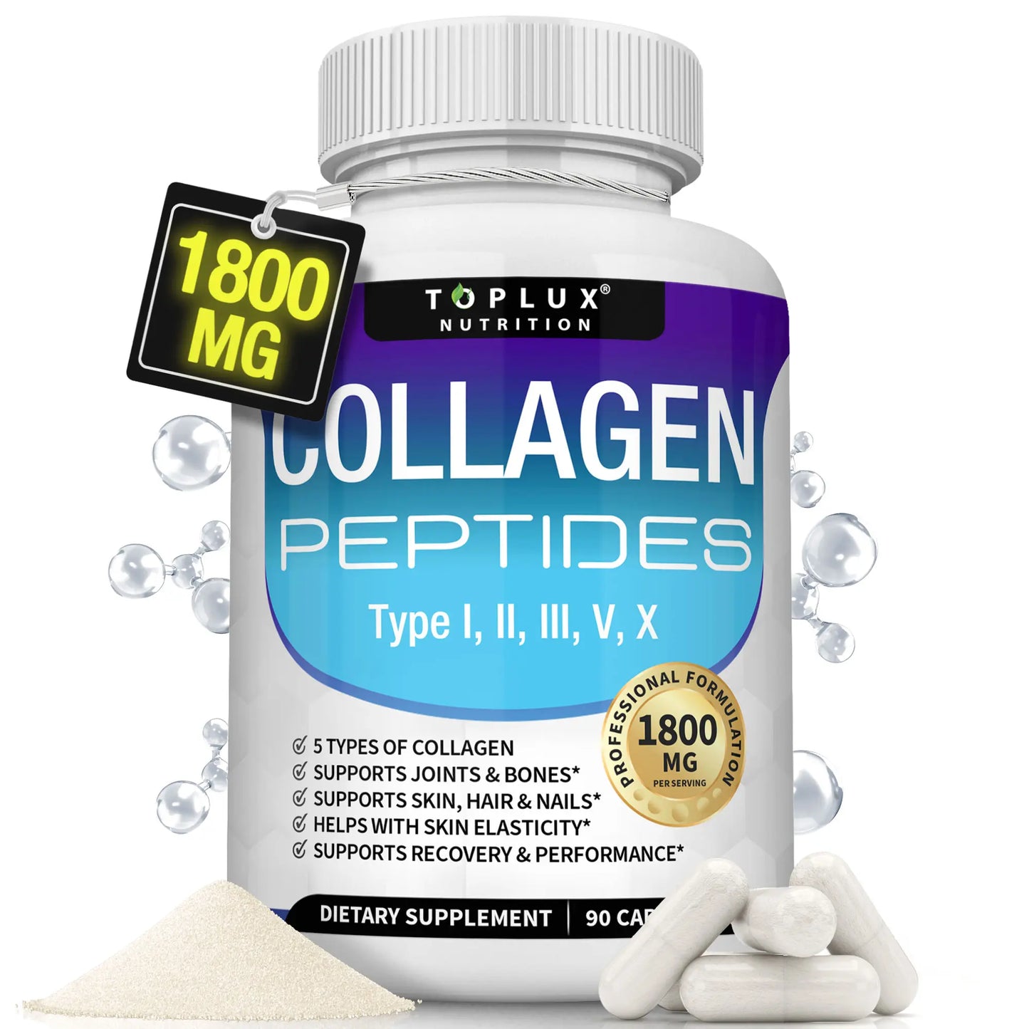 Toplux Nutrition Collagen Peptides 5 Types Complex 1800mg US Made Dietary Supplement for Health Beauty Fitness 90 Capsules